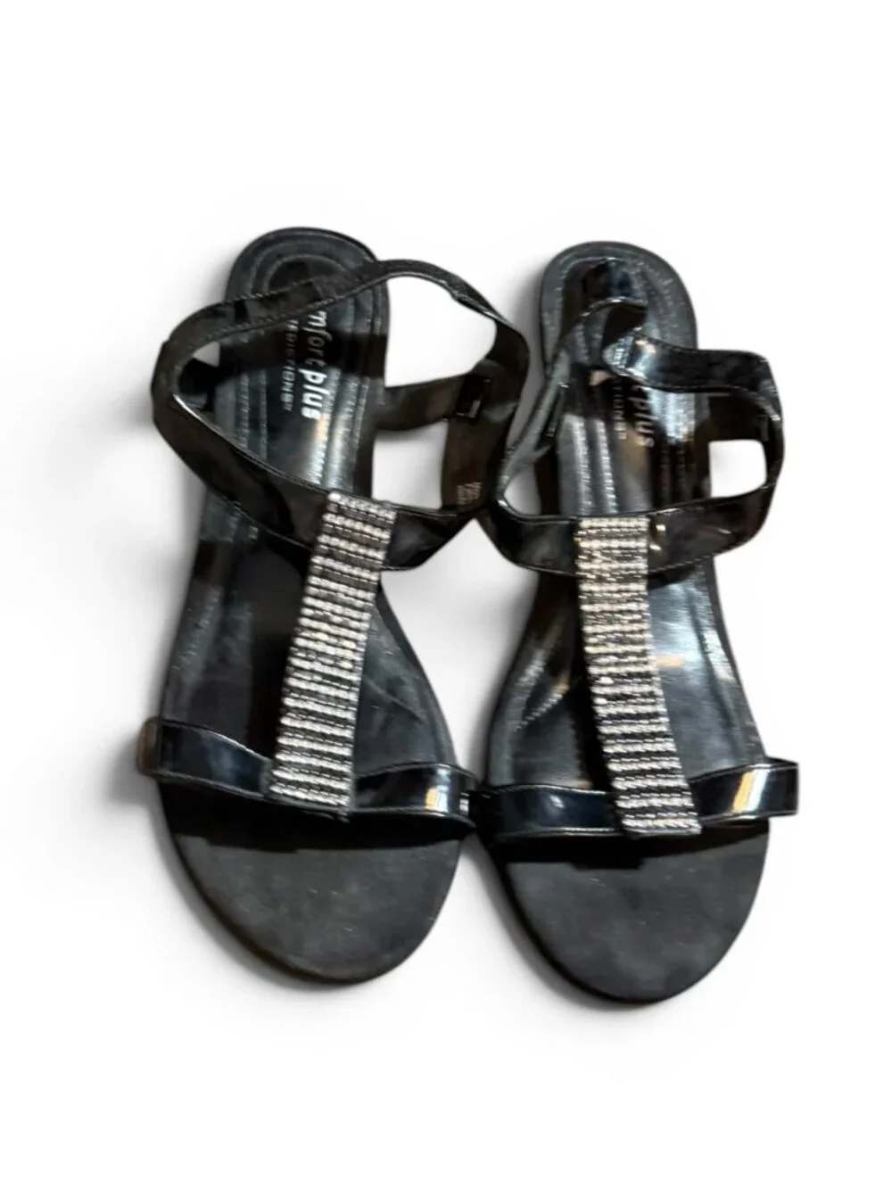 Comfort Plus Black Patent Strappy Rhinestone Sandals – Size 10